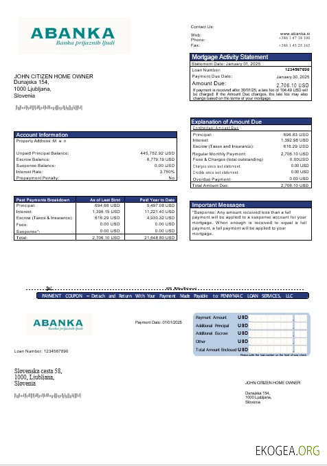 Relevé hypothécaire de la banque Abanka Slovénie aux formats Word et PDF